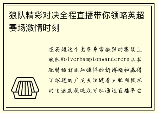 狼队精彩对决全程直播带你领略英超赛场激情时刻